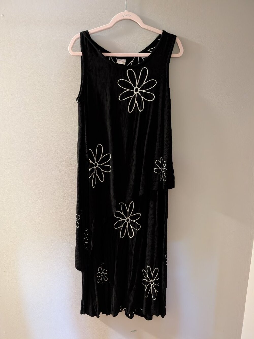 Chandi Collection Black Rayon Sleeveless Dress White Daisy Floral Print Size Lar